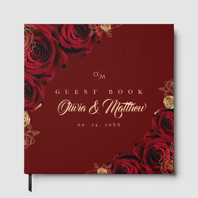 Elegant Red Roses Wedding Guest Book (Front)