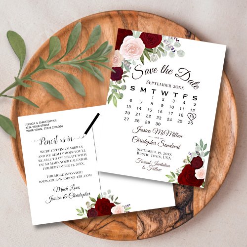 Elegant Red Roses Wedding Save the Date Calendar Announcement Postcard