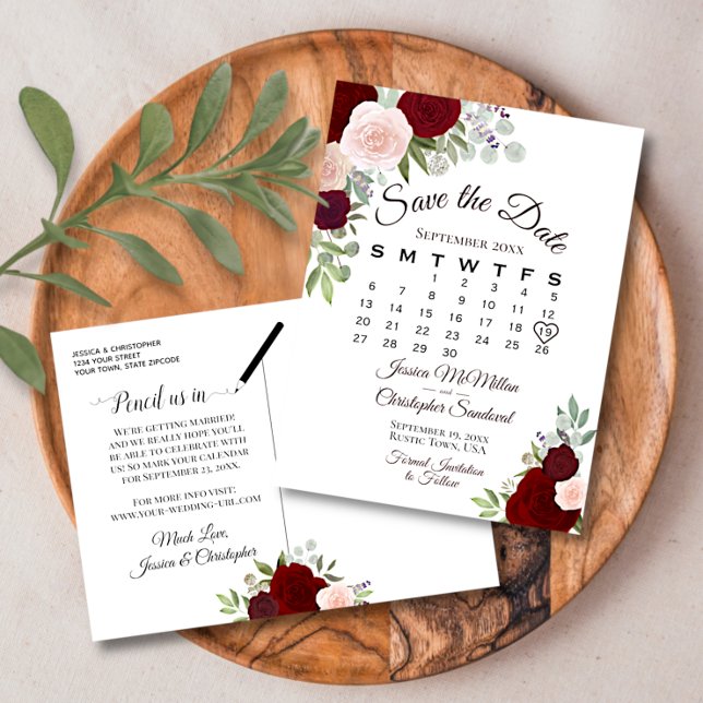 Elegant Red Roses Wedding Save the Date Calendar Announcement Postcard