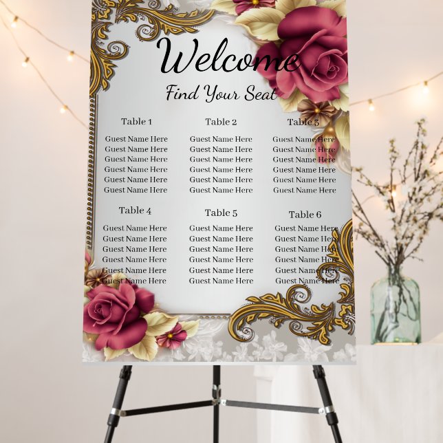 Elegant Red Roses Wedding Seating Chart Foam Board (In Situ (Stand))