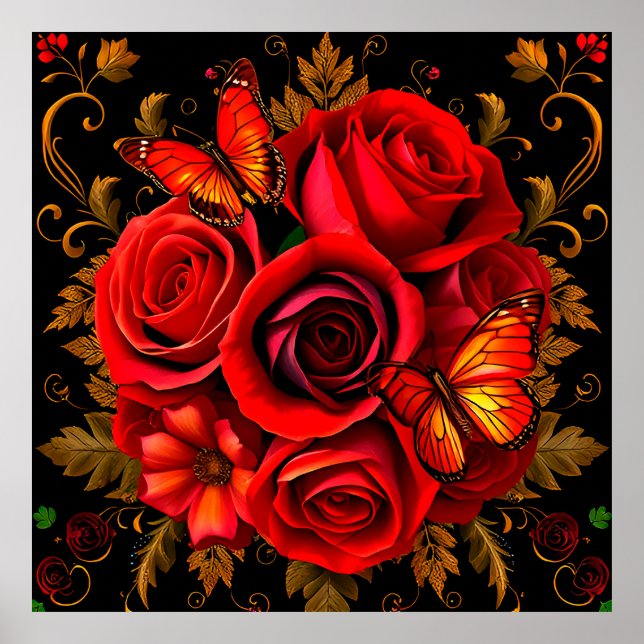 Elegant Red Roses with Butterflies Poster (Front)