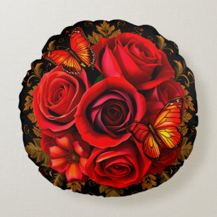 Elegant Red Roses with Butterflies Round Pillow