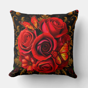 Elegant Red Roses with Butterflies Throw Pillow