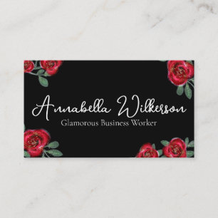Elegant Red Roses with Gold Glitter on Black Business Card