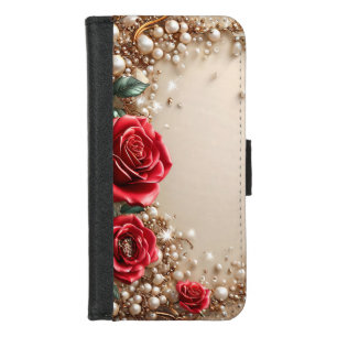Elegant Red Roses With Golden Ornaments iPhone 8/7 Wallet Case