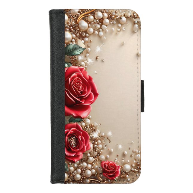 Elegant Red Roses With Golden Ornaments iPhone Wallet Case (Front)