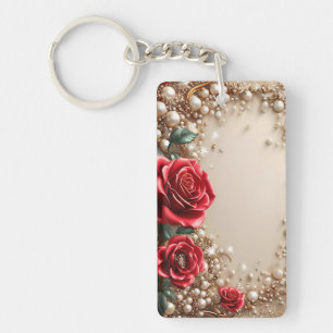 Elegant Red Roses With Golden Ornaments Keychain