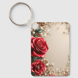 Elegant Red Roses With Golden Ornaments Keychain