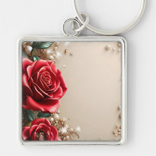 Elegant Red Roses With Golden Ornaments Keychain