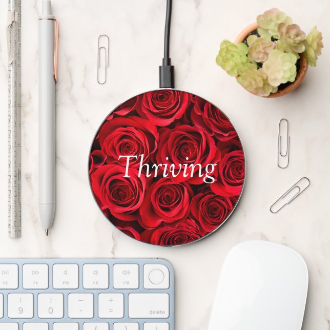Elegant Red Roses with Thriving Quote Design Wireless Charger (Desk)
