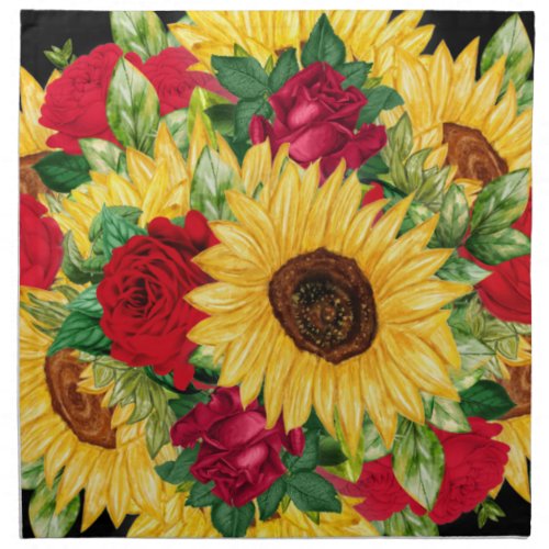 Elegant Red Roses Yellow Sunflowers Black Monogram Cloth Napkin