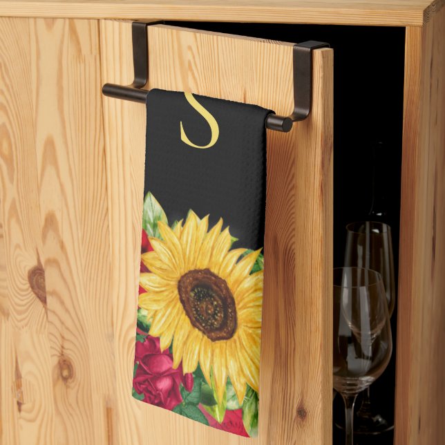 Elegant Red Roses Yellow Sunflowers Black Monogram Kitchen Towel (Thirds Fold)
