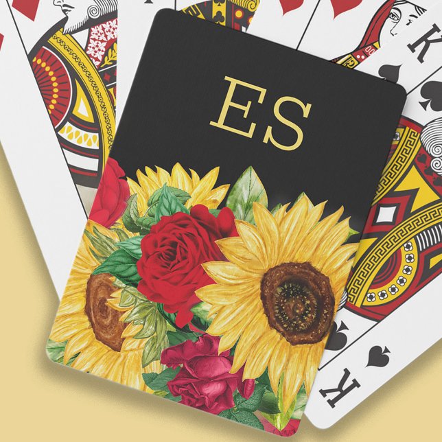 Elegant Red Roses Yellow Sunflowers Black Monogram Poker Cards (Monogrammed playing cards with sunflowers and red roses on black)
