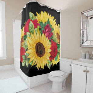 Elegant Red Roses Yellow Sunflowers Black Shower Curtain