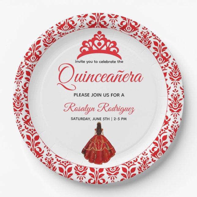 Elegant Red Royal Quinceañera Paper Plates (Front)