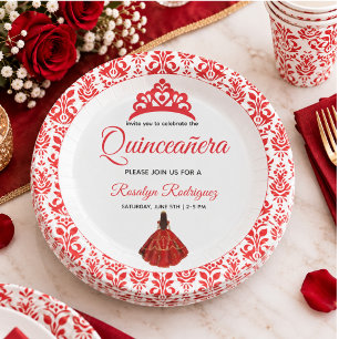 Elegant Red Royal Quinceañera Paper Plates
