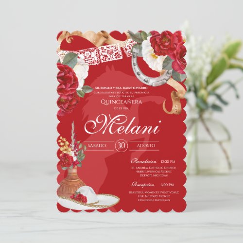 Elegant Red Rustic Wild Rose Charro Quinceanera Invitation