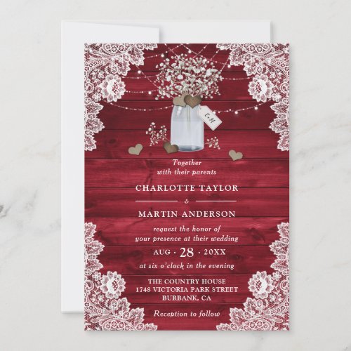 Elegant Red Rustic Wood Mason Jar Floral Wedding Invitation