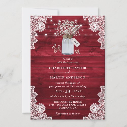 Elegant Red Rustic Wood Monogram Floral Wedding Invitation