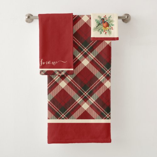 Elegant Red Scottish Plaid Vintage Bullfinch  Bath Towel Set