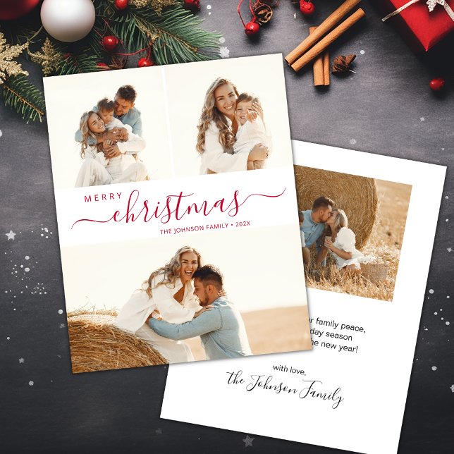 Elegant Red Script 3 Photo Christmas Holiday Card (Creator Uploaded)