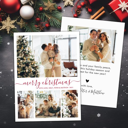 Elegant Red Script 4 Photo Collage Christmas Holiday Card