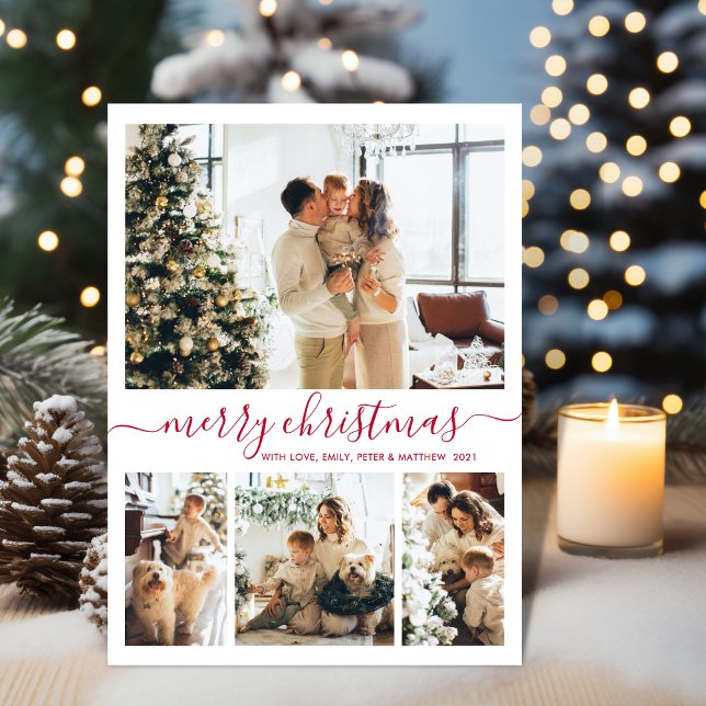 Elegant Red Script 4 Photo Collage Christmas Holiday Card (Creator Uploaded)