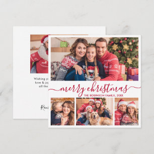Elegant Red Script 4 Photo Collage Christmas Holiday Card