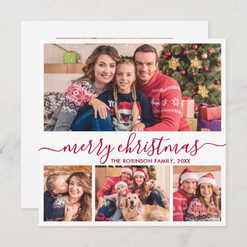Elegant Red Script 4 Photo Collage Christmas Holiday Card