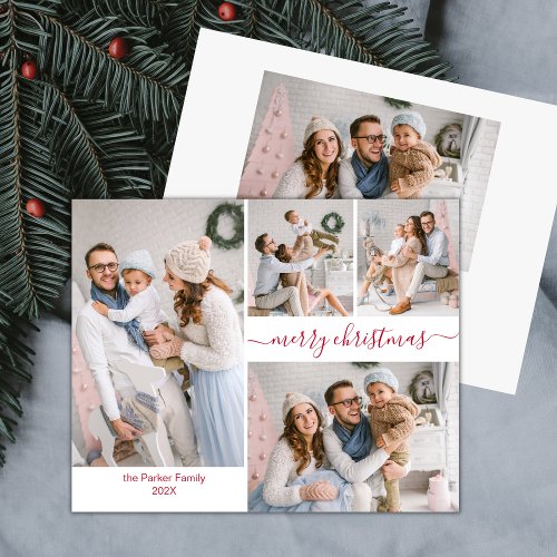 Elegant Red Script 5 Photo Collage Christmas Cards