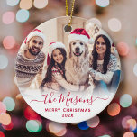 Elegant Red Script Family Photo Merry Christmas   Ceramic Ornament<br><div class="desc">Elegant Modern Red Hand Lettered Script "Family Name" Merry Christmas Photo Ornament. Features a family photo,  "family name" calligraphy text in handwritten script,  with Merry Christmas text and year photo overlay (in red and white). Easy to personalize it. Photo tip: crop your photo to square form before upload it.</div>