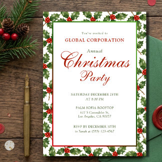 Elegant Red Script Holly Corporate Christmas Party Invitation