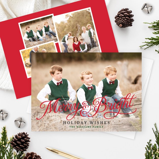 Elegant Red Script Merry & Bright Photo Holiday Card (Creator Uploaded)