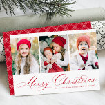 Elegant Red Script Merry Christmas 3 Photo Holiday Card<br><div class="desc">Simple Christmas card featuring three vertical photos with "Merry Christmas" displayed in a festive red calligraphy script. Personalize the front of the multi-photo Christmas card with your family name and the year. The card reverses to display a modern red and white plaid pattern.</div>