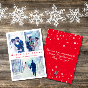 Elegant Red Script Merry Christmas 3 Photo Wedding Holiday Card