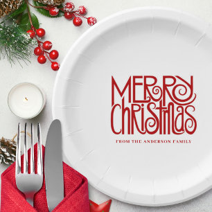 Elegant Red Script Merry Christmas Custom Paper Plates