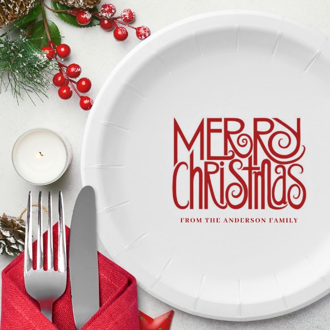 Elegant Red Script Merry Christmas Custom Paper Plates (Creator Uploaded)