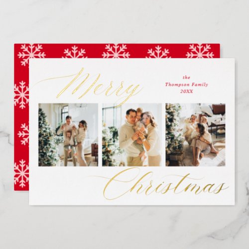 Elegant Red Script Merry Christmas Photo Collage Foil Holiday Card