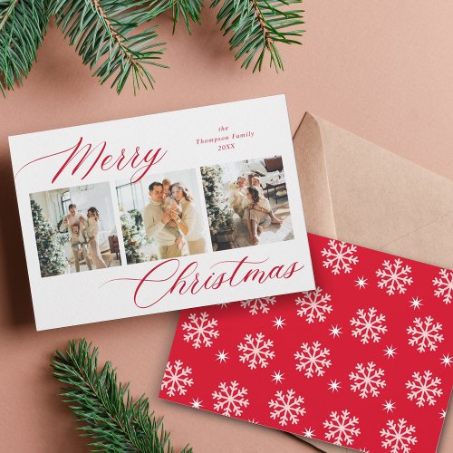 Elegant Red Script Merry Christmas Photo Collage Holiday Card