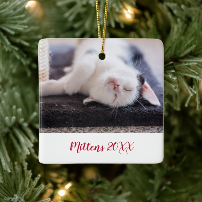 Elegant Red Script Pet Cat Photo Modern Ceramic Ornament (Tree)