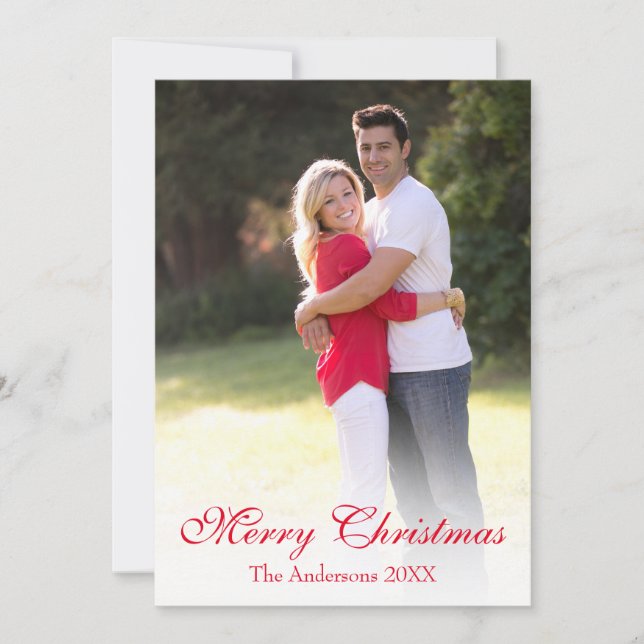 Elegant Red Script Photo Merry Christmas Holiday Card (Front)