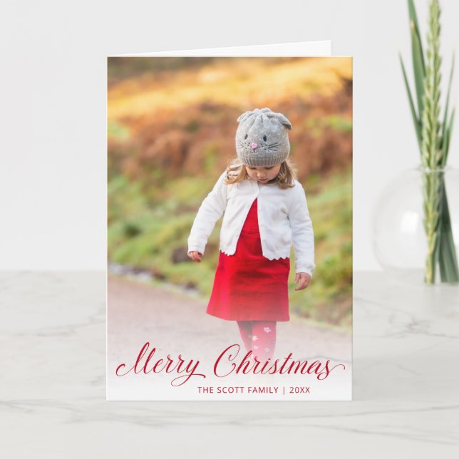 Elegant Red Script Photo Modern Christmas Holiday Card (Front)