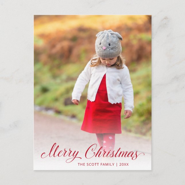 Elegant Red Script Photo Modern Christmas Holiday Postcard (Front)