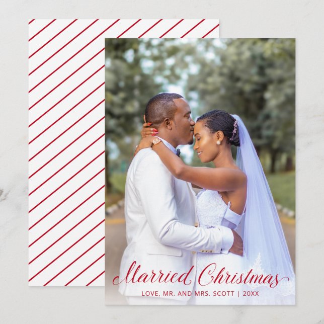 Elegant Red Script Photo Modern Newylwed Christmas Holiday Card (Front/Back)