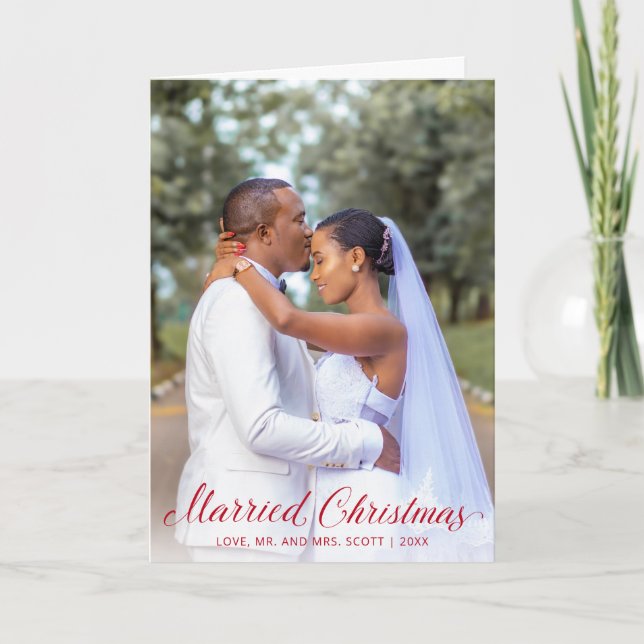 Elegant Red Script Photo Modern Newylwed Christmas Holiday Card (Front)