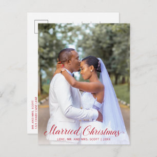 Elegant Red Script Photo Modern Newylwed Christmas Holiday Postcard