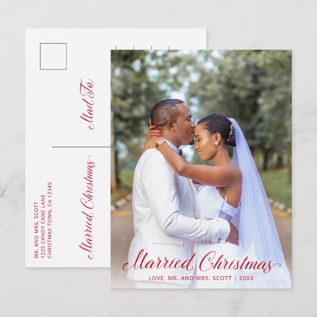 Elegant Red Script Photo Modern Newylwed Christmas Holiday Postcard (Front/Back)