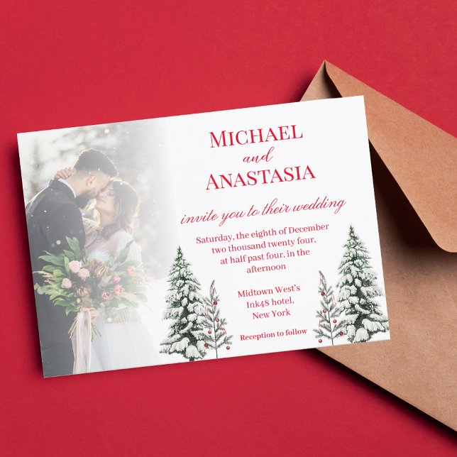 elegant red script pine tree winter wedding photo invitation (Creator Uploaded)
