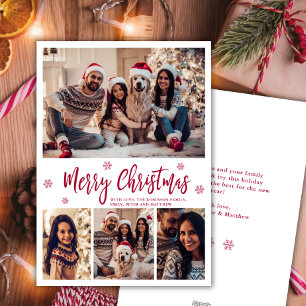Elegant Red Script Snowflake 4 Photo Christmas Holiday Card