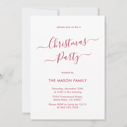 Elegant Red Script White Holiday Christmas Party Invitation